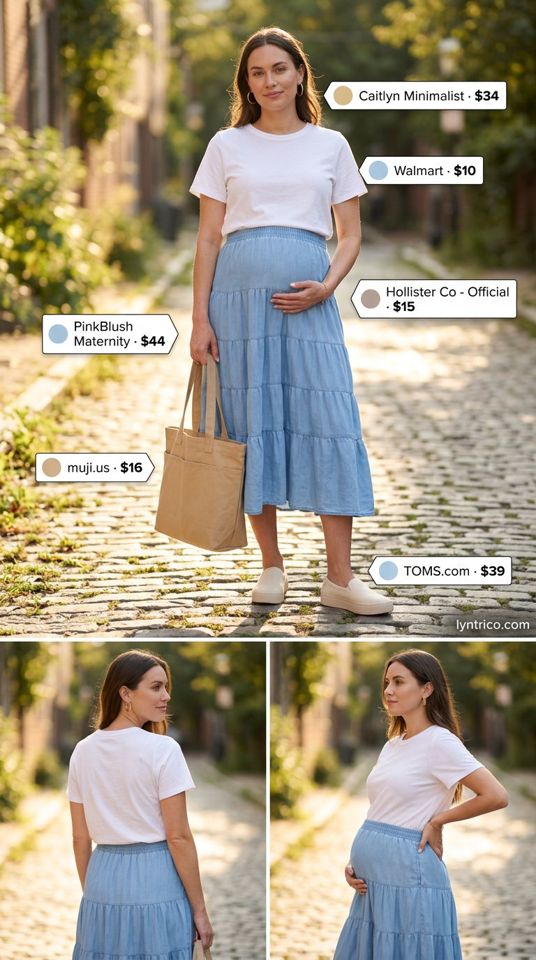 Breathable maternity summer outfits 2026: Light blue chambray midi skirt & white tee for casual days. Comfortable & easygoing.