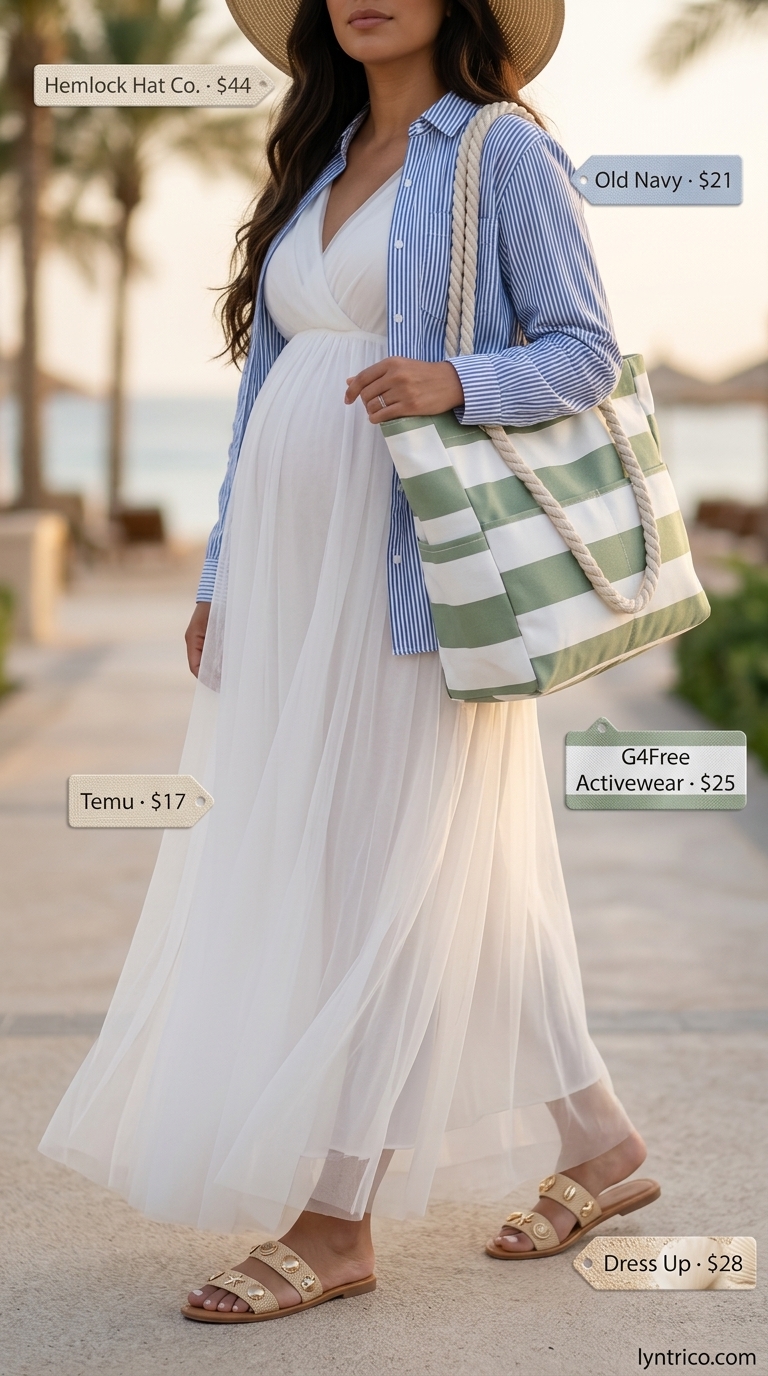 Breathable maternity summer outfits 2026: White sheer kimono dress, flat sandals, straw hat.