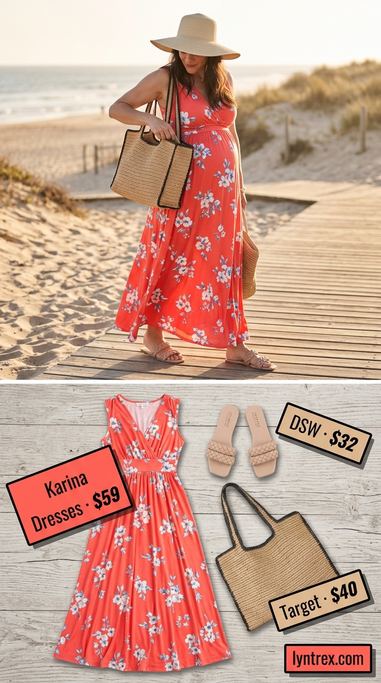 Breathable maternity summer outfits 2026: Coral floral maxi dress, straw hat, beige sandals.