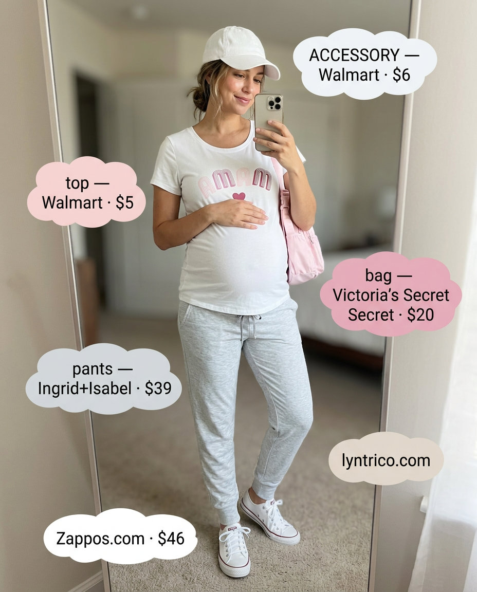 Breathable maternity summer outfits 2026: Grey joggers, graphic tee, and sneakers for casual errands.