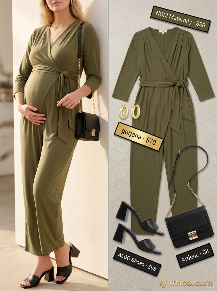 Breathable maternity summer outfits 2026: Olive green wide-leg jumpsuit, black mules, gold earrings.