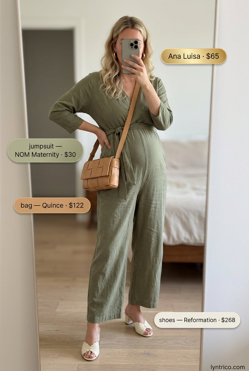 Breathable maternity summer outfits 2026: Olive green linen jumpsuit for casual dinner & travel. Sophisticated & relaxed.