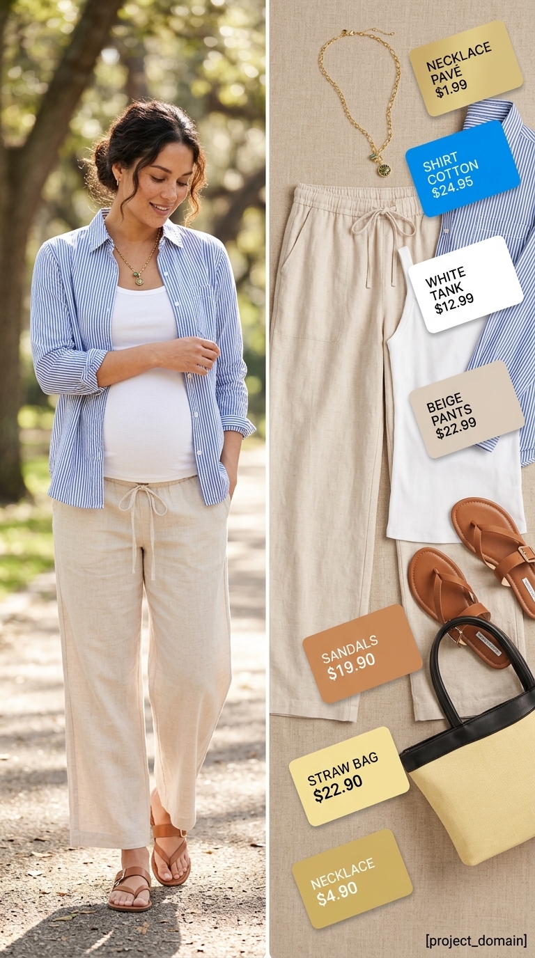 Breathable maternity summer outfits 2026: Beige linen pants, white tank, straw tote, and slides for casual errands.