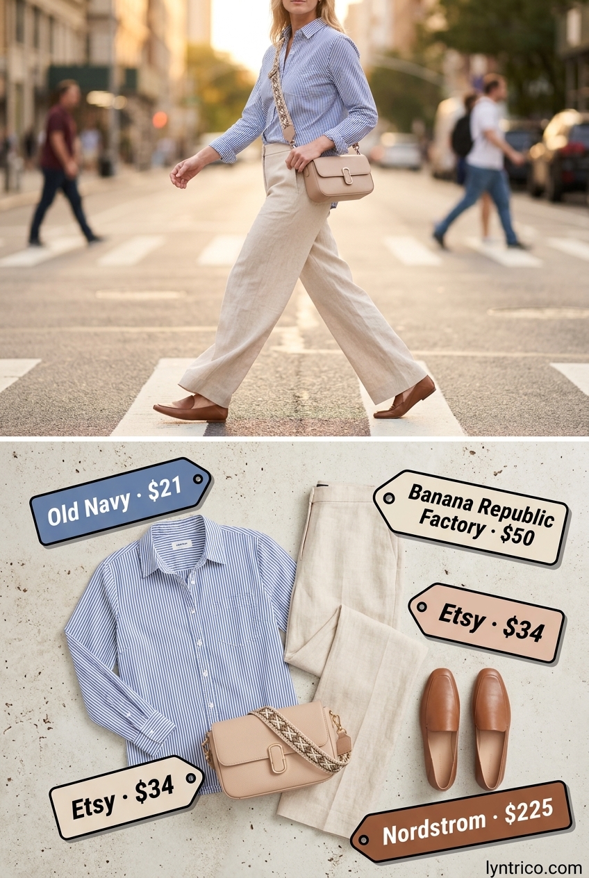 Breathable maternity summer outfits 2026: Cream linen pants, beige oversized shirt, loafers.