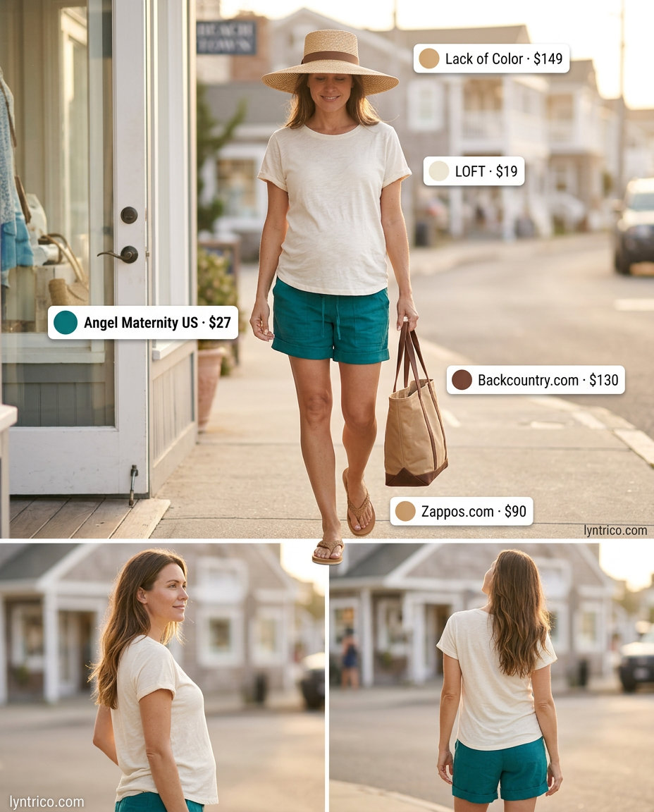 Breathable maternity summer outfits 2026: Terracotta linen shorts & cream tee for casual errands. Relaxed & comfortable.