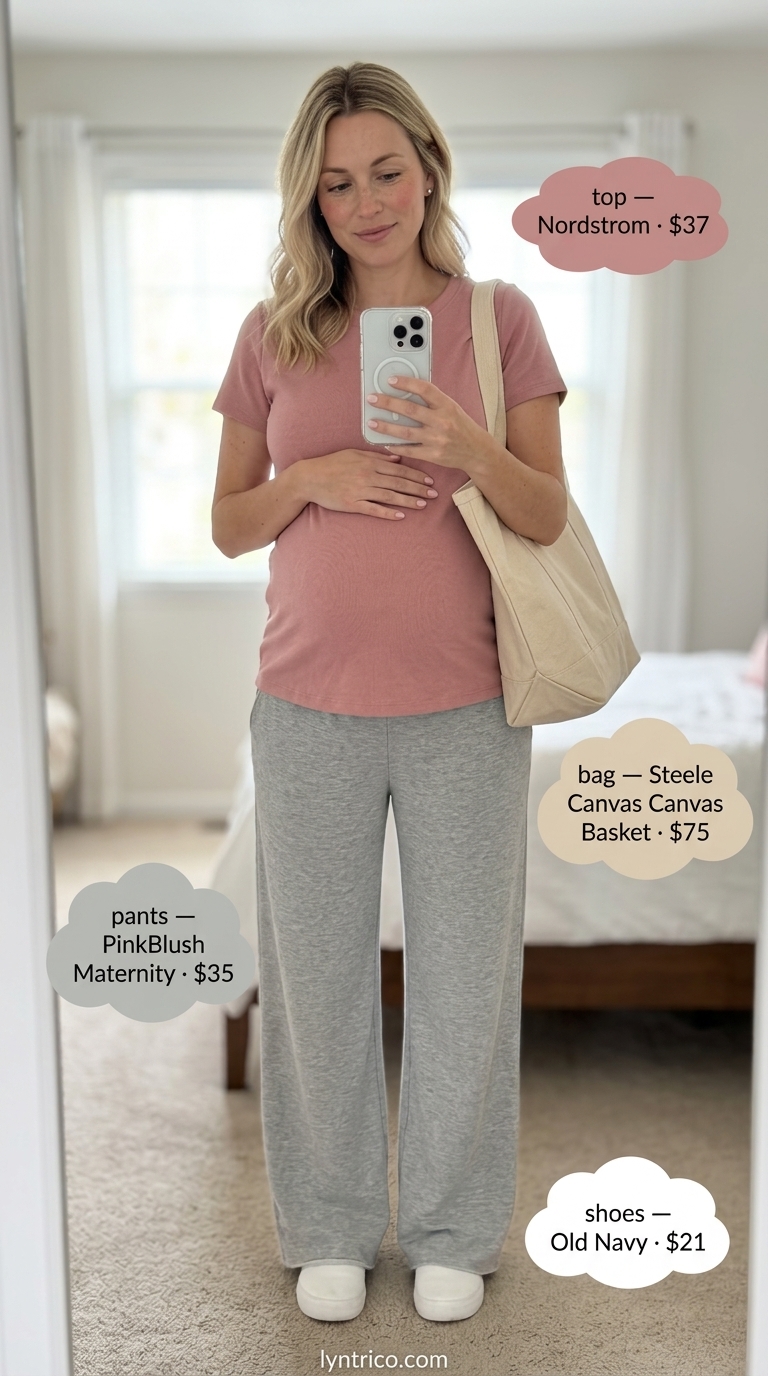 Breathable maternity summer outfits 2026: Grey lounge pants, muted pink tee, and sneakers for relaxed days.