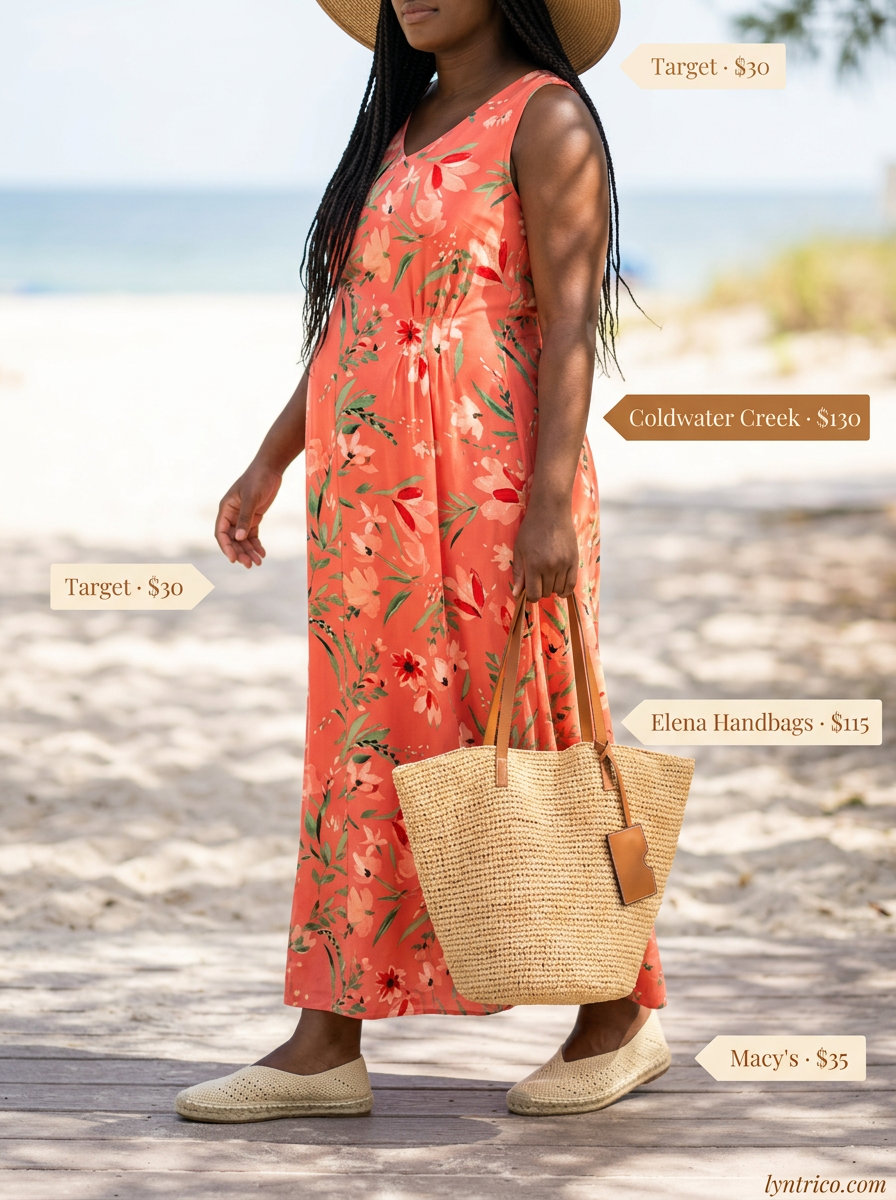 Breathable maternity summer outfits 2026: Coral floral maxi dress, straw hat, and espadrilles for vacation.