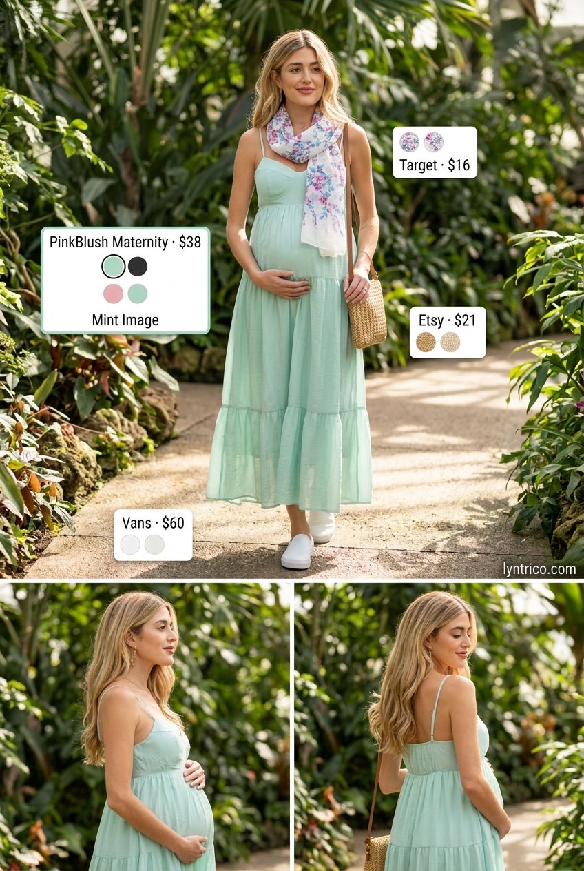 Breathable maternity summer outfits 2026: Mint green sundress for picnics & beach days. Sweet & comfortable.