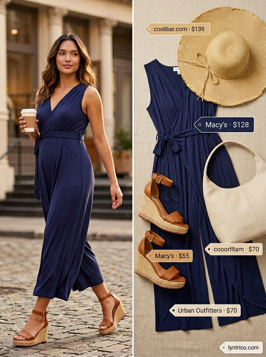 Breathable maternity summer outfits 2026: Navy wide-leg jumpsuit for casual outings & travel. Relaxed & chic.