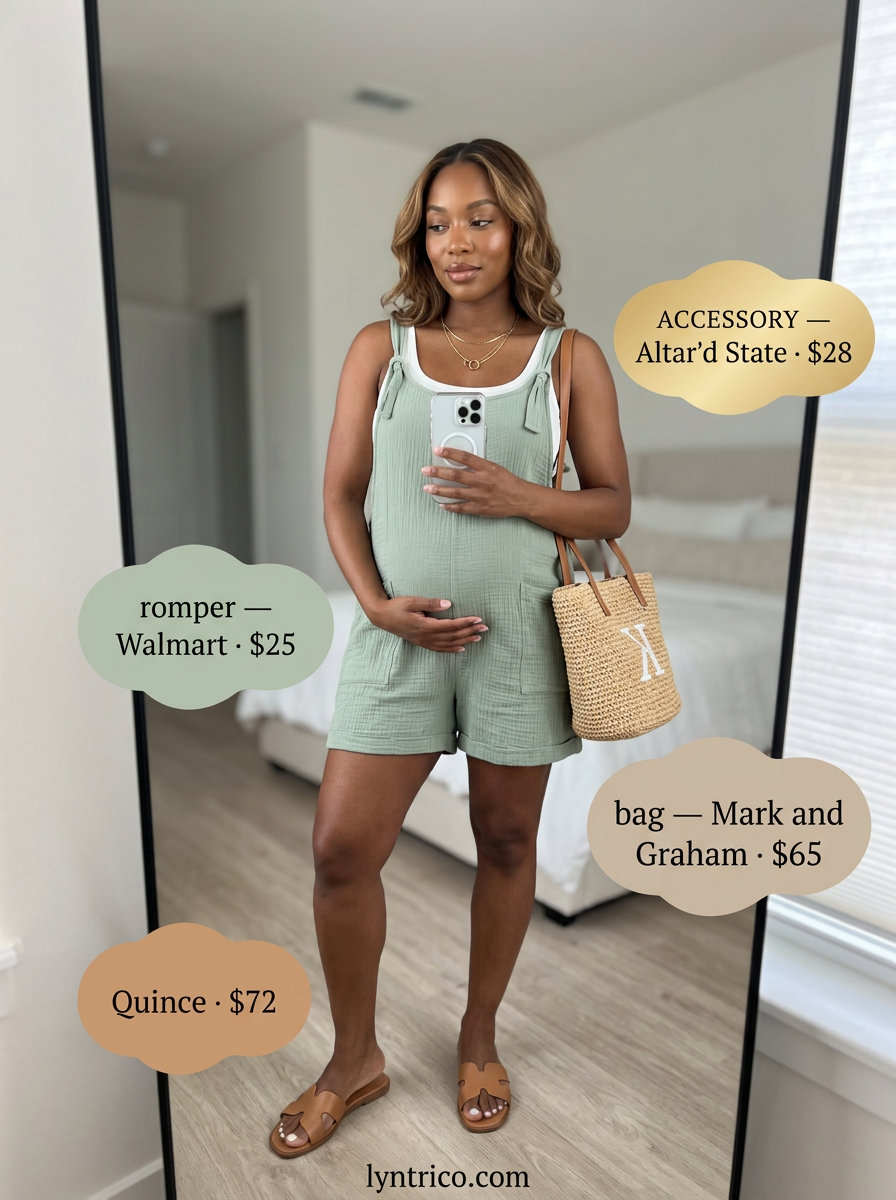 Breathable maternity summer outfits 2026: Sage green romper, tan slides, and raffia crossbody for vacation.