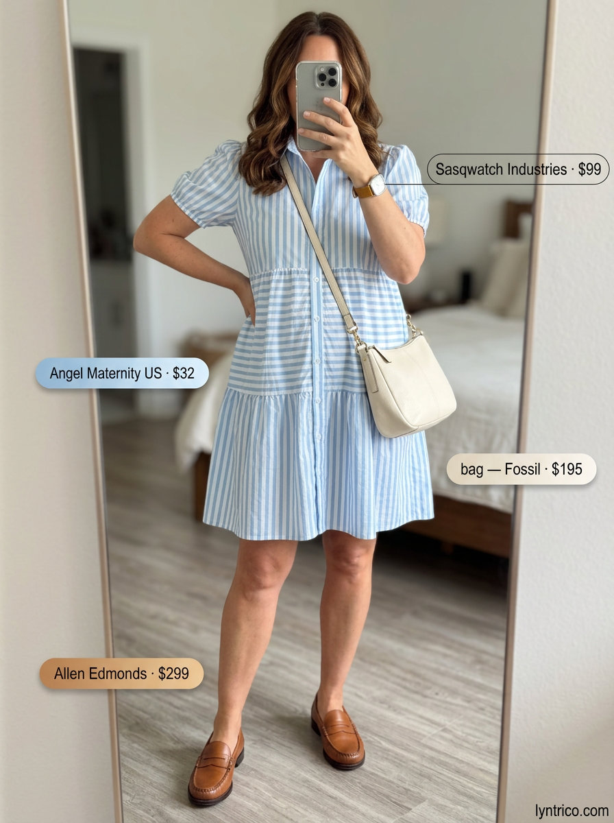 Breathable maternity summer outfits 2026: Light blue stripe shirt dress, loafers, and crossbody for casual days.