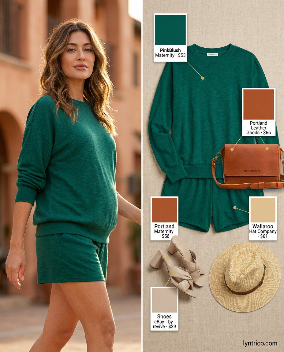Breathable maternity summer outfits 2026: Olive green shorts set for casual daytime & travel. Polished & relaxed.