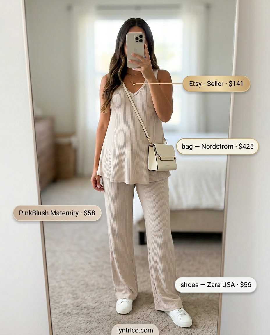 Breathable maternity summer outfits 2026: Light beige set, white sneakers, and structured crossbody for polished comfort.