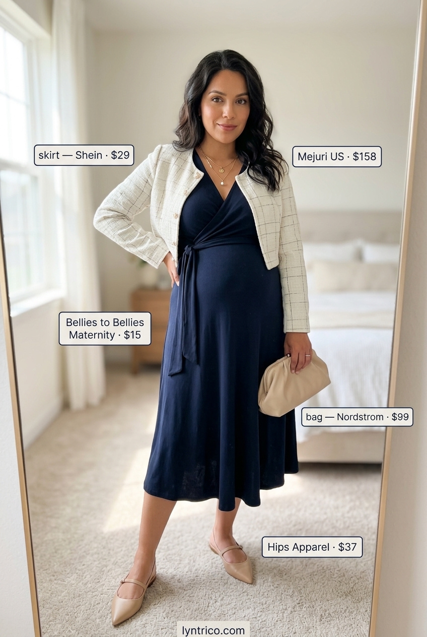 Breathable maternity summer outfits 2026: Navy wrap dress, nude flats, and clutch for baby shower.