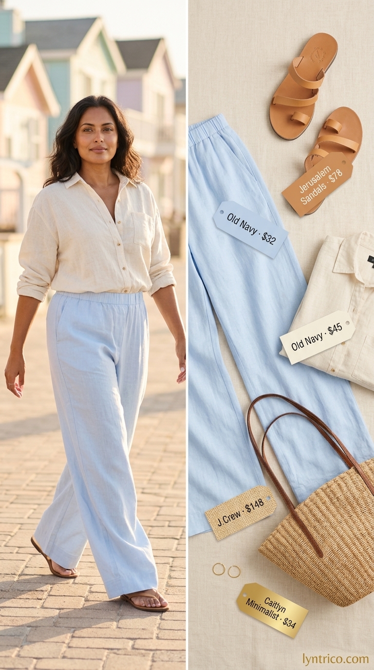Breezy summer outfit for women over 60 2026: Sky blue linen pants, cream linen shirt, straw tote.