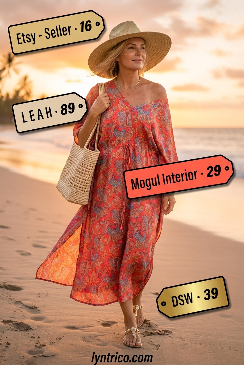 Breezy summer outfit for women over 60 2026: Coral maxi caftan dress, straw hat, gold sandals, and tote.