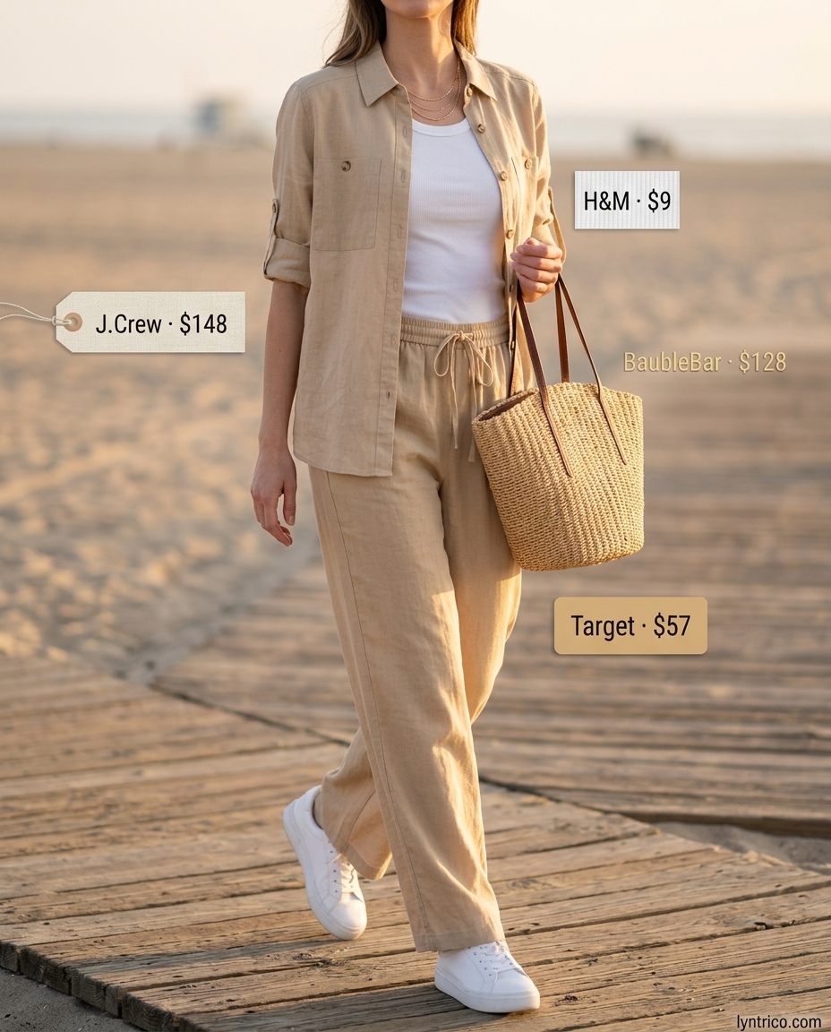 Breezy summer outfit for women over 60 2026: Cream linen set, ribbed tank, leather slides, straw tote.