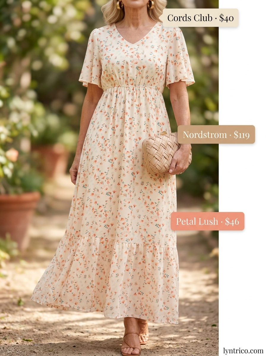 Breezy summer outfit for women over 60 2026: Coral floral maxi dress, embellished sandals, and woven clutch.