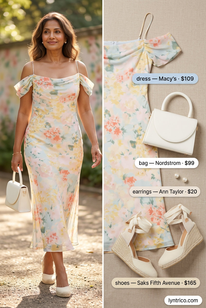 Breezy summer outfit for women over 60 2026: Pastel floral midi dress, espadrilles, and top-handle bag.
