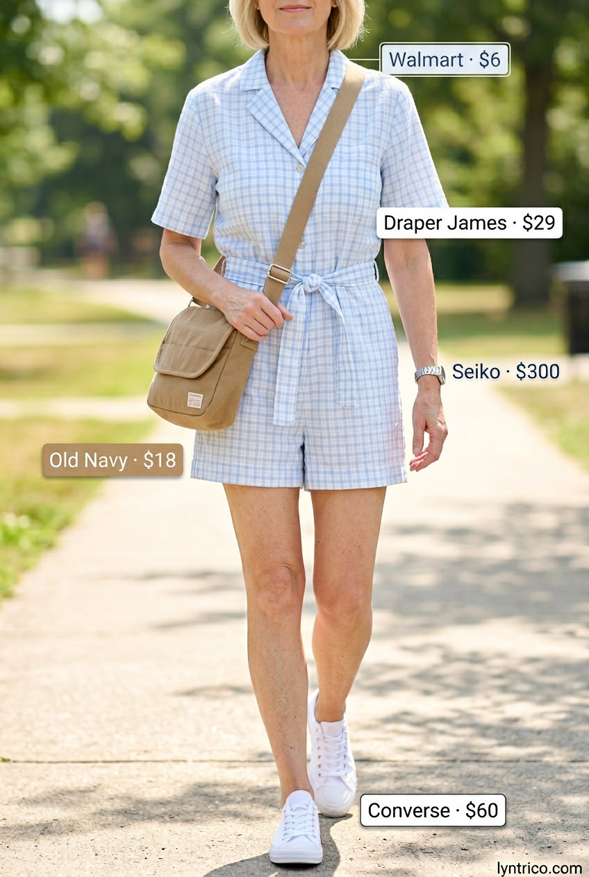 Breezy summer outfit for women over 60 2026: Light blue gingham romper, canvas sneakers, and baseball cap.