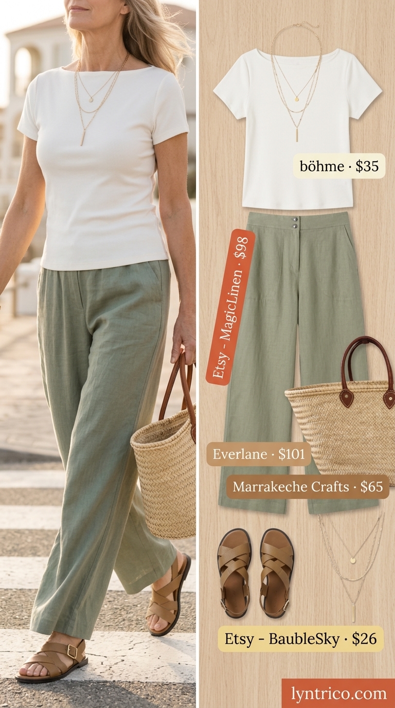 Breezy summer outfit for women over 60 2026: Sage green linen pants, ivory knit top, leather sandals, straw tote.