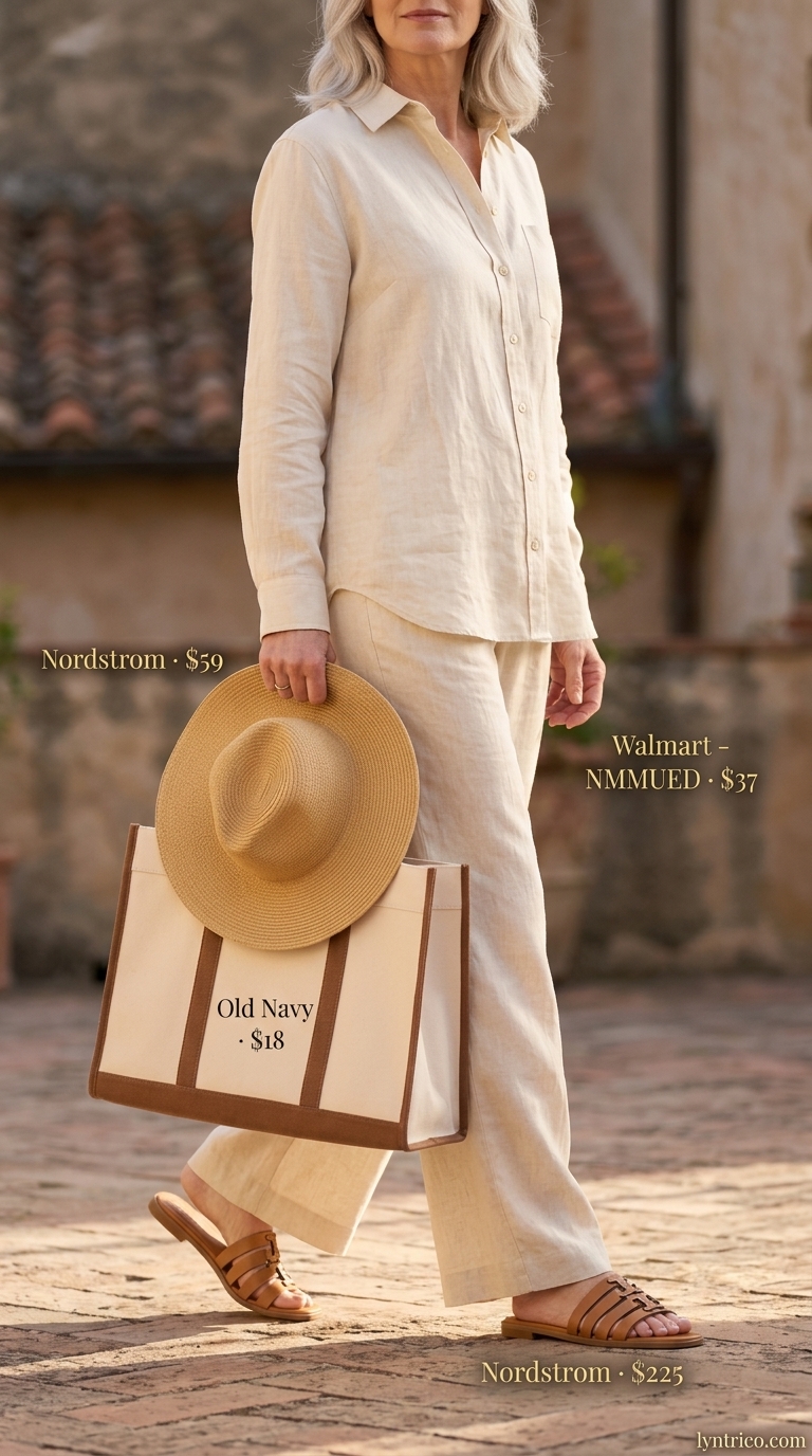 Breezy summer outfit for women over 60 2026: Cream linen set, straw hat, leather slides, tote bag.
