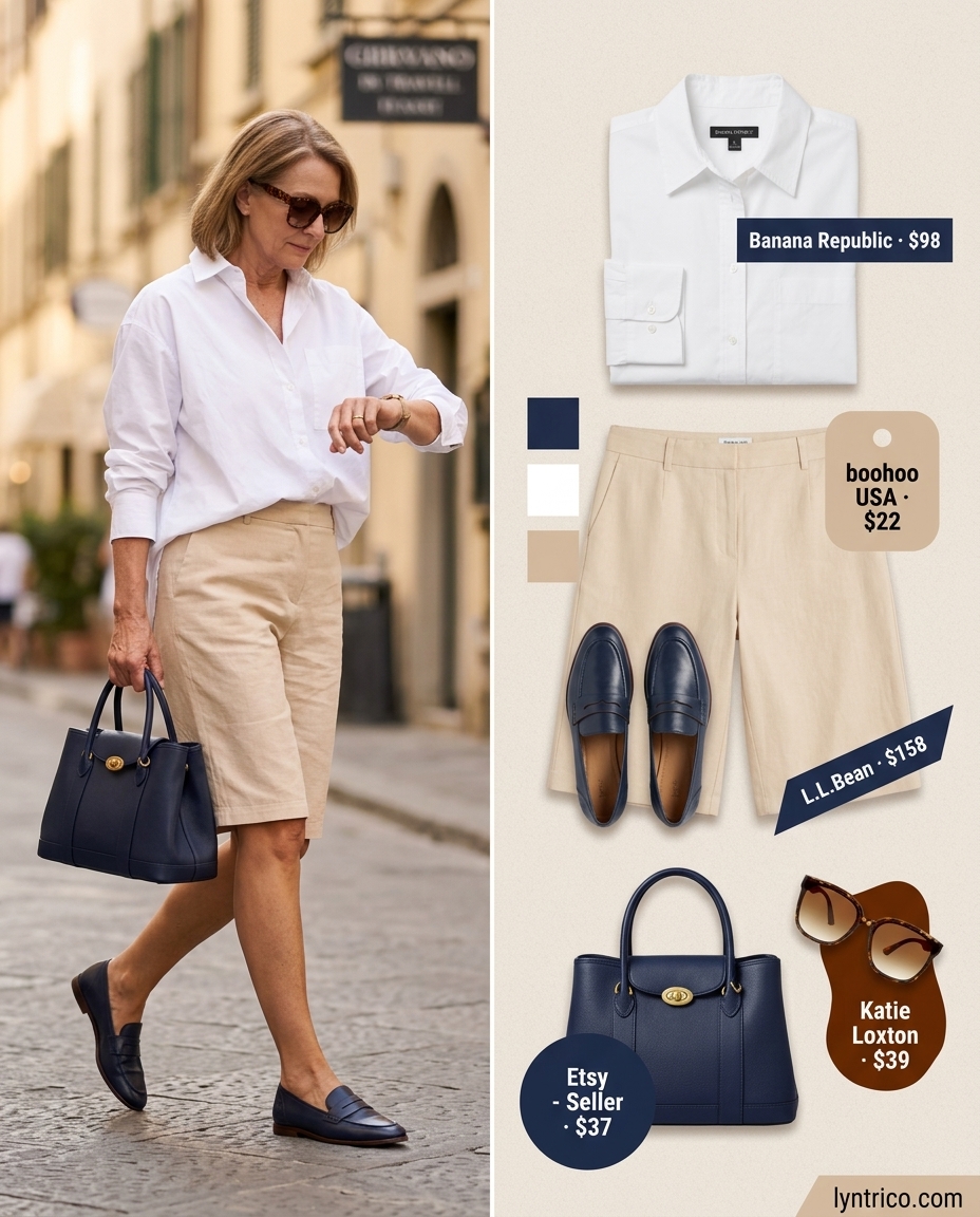 Breezy summer outfit for women over 60 2026: Beige linen shorts, white poplin shirt, loafers, tote.