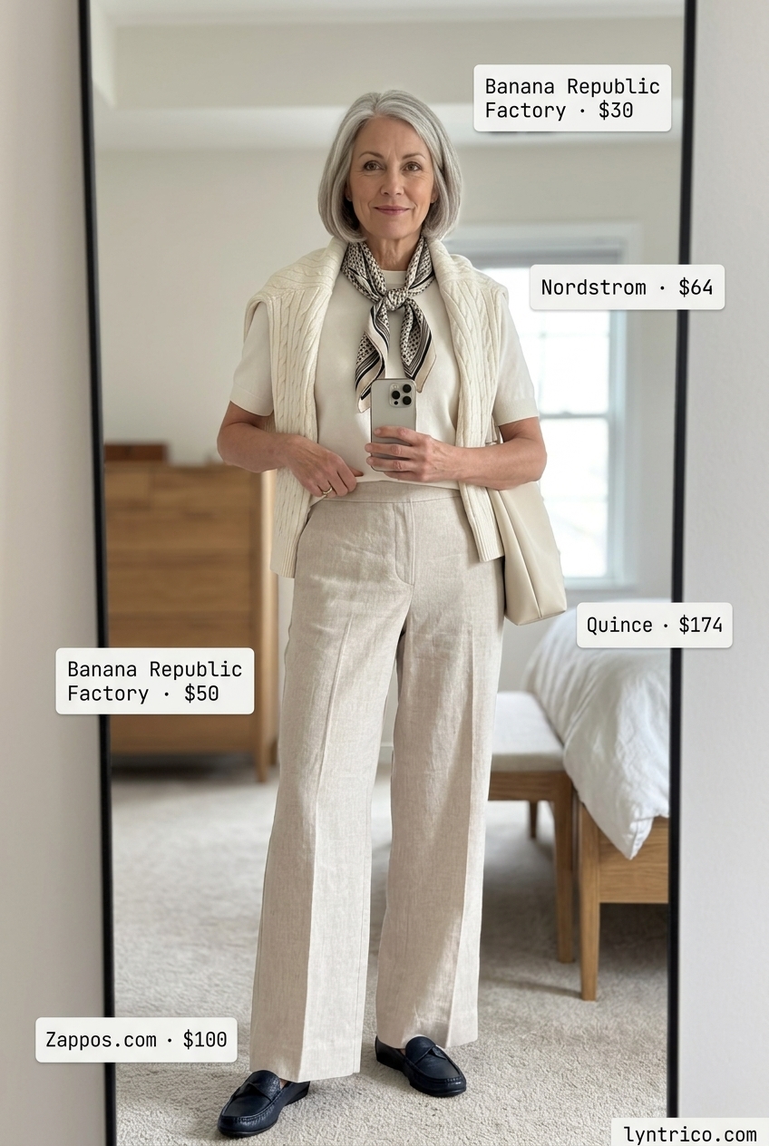 Breezy summer outfit for women over 60 2026: Tan linen trousers, white knit top, loafers, silk scarf.