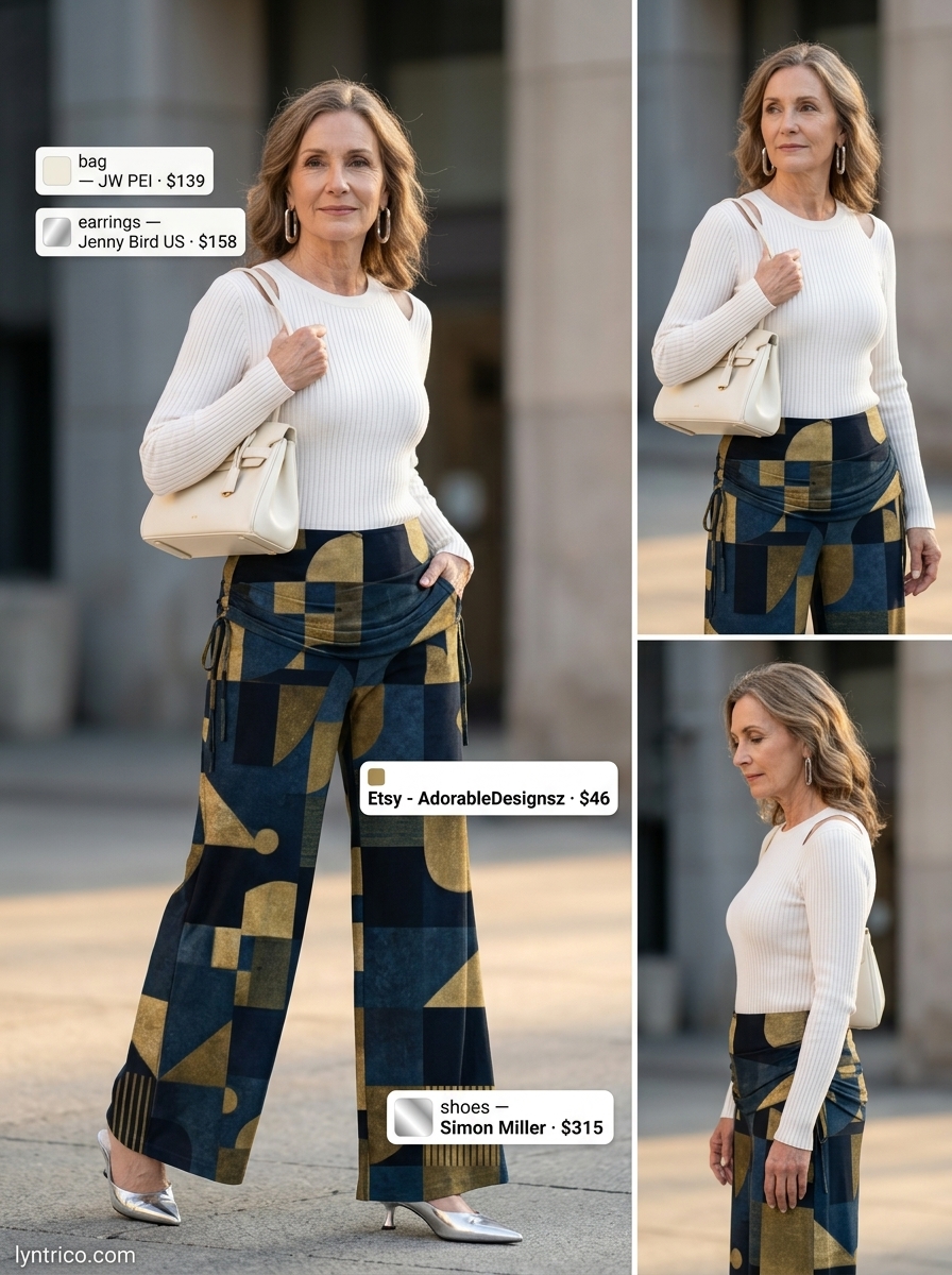 Breezy summer outfit for women over 60 2026: Navy & white geometric matching set, silver mules, shoulder bag.