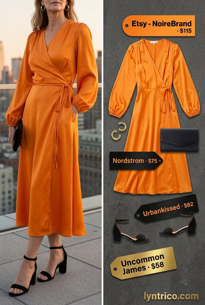 Breezy summer outfit for women over 60 2026: Mango orange satin midi dress, gold hoops, black sandals.