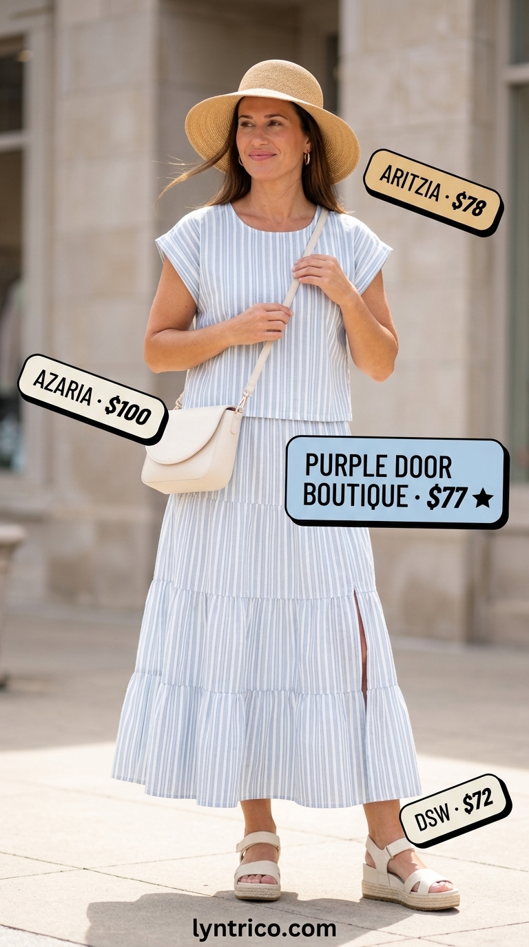 Breezy summer outfit for women over 60 2026: Pale blue midi skirt set, espadrilles, and sun hat.
