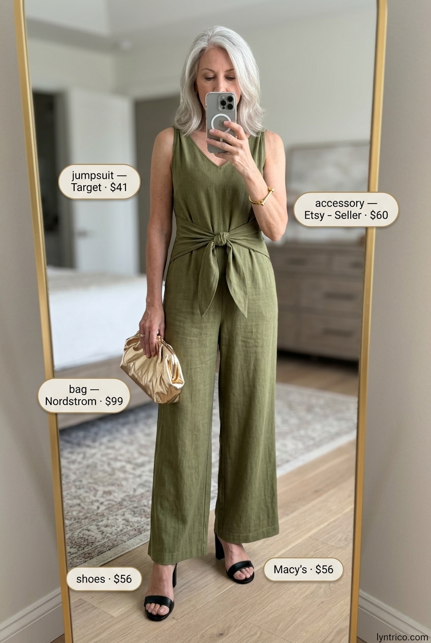 Breezy summer outfit for women over 60 2026: Olive green jumpsuit, heeled sandals, metallic clutch, cuff bracelet.