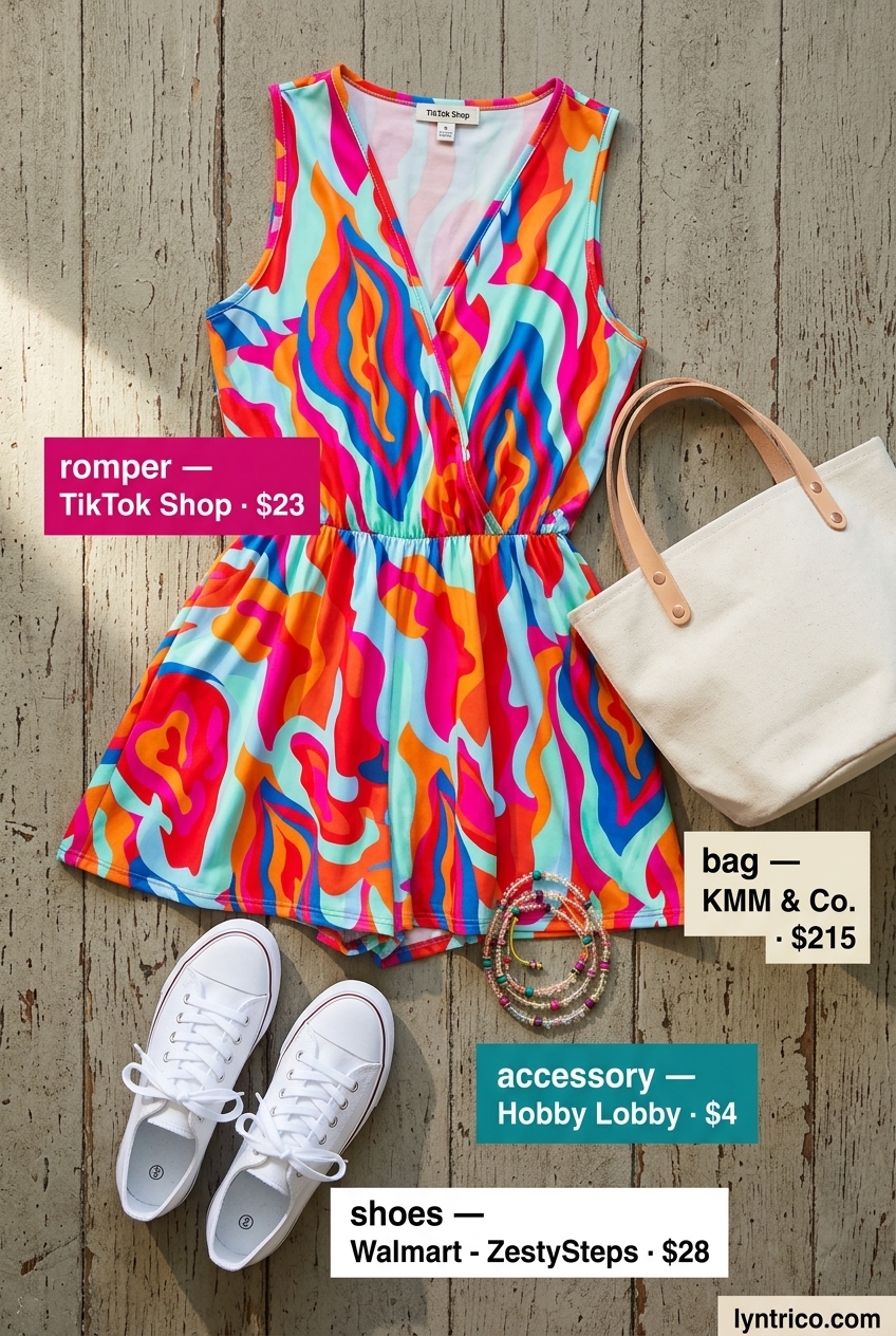 Breezy summer outfit for women over 60 2026: Playful printed romper, canvas bag, white sneakers.