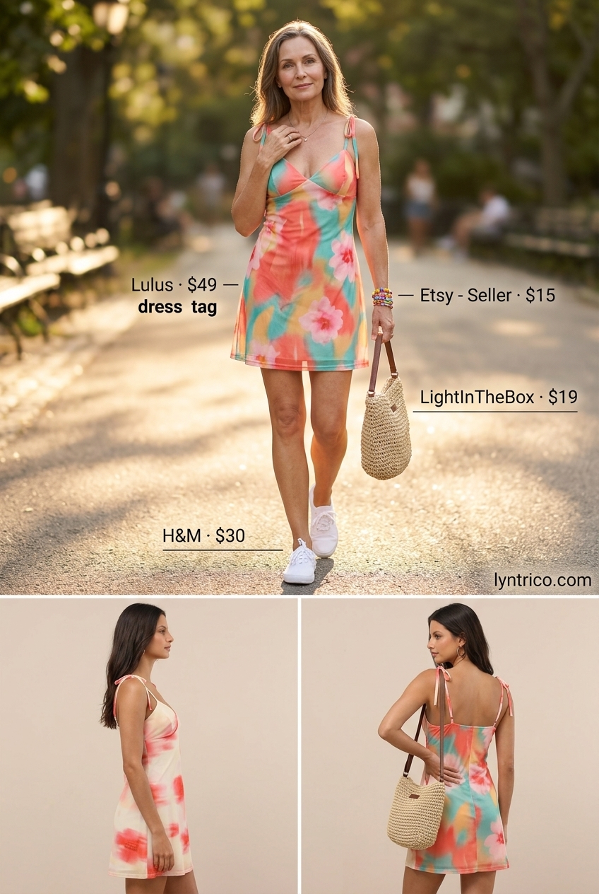 Breezy summer outfit for women over 60 2026: Coral print sundress, white sneakers, straw crossbody bag.