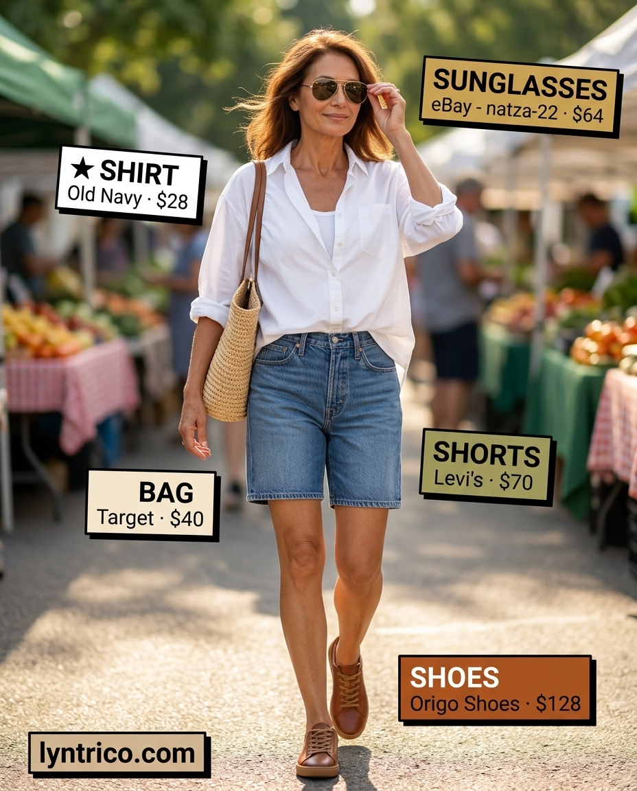 Breezy summer outfit for women over 60 2026: White button-down, denim shorts, tan sneakers, aviators.