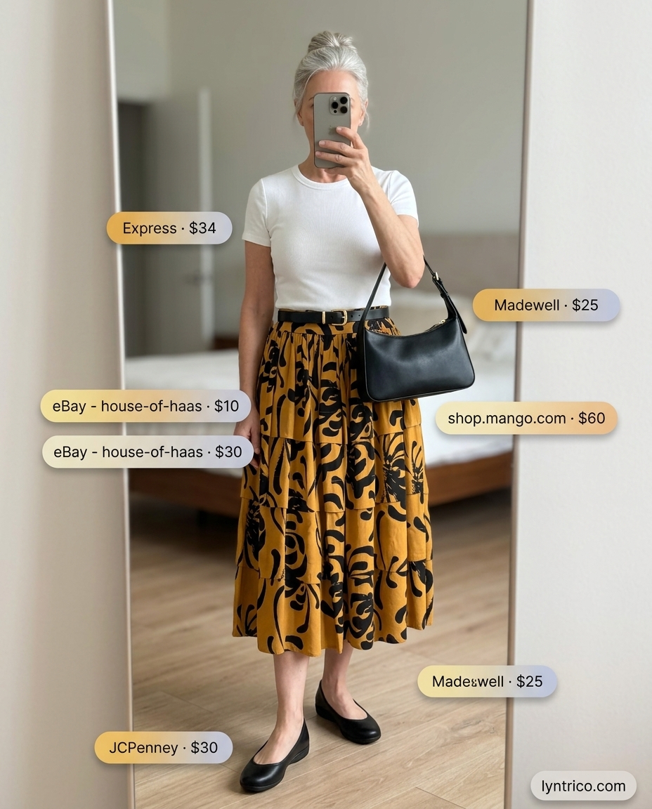 Artistic breezy summer outfit for women over 60 2026: Yellow abstract skirt, white tee, ballet flats, and shoulder bag for lunch.