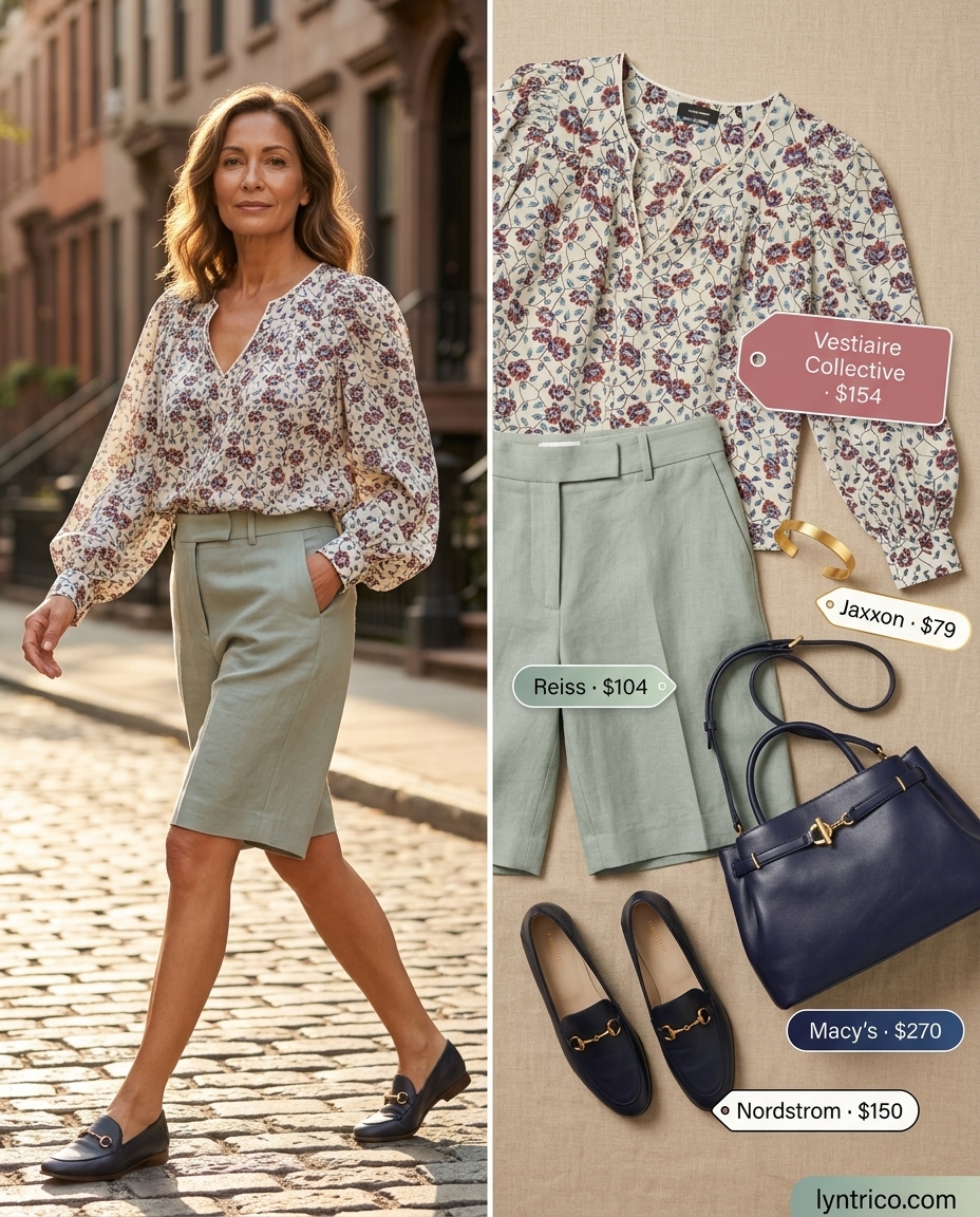 Polished breezy summer outfit for women over 60 2026: Navy Bermuda shorts, floral silk blouse, and leather loafers for lunch.