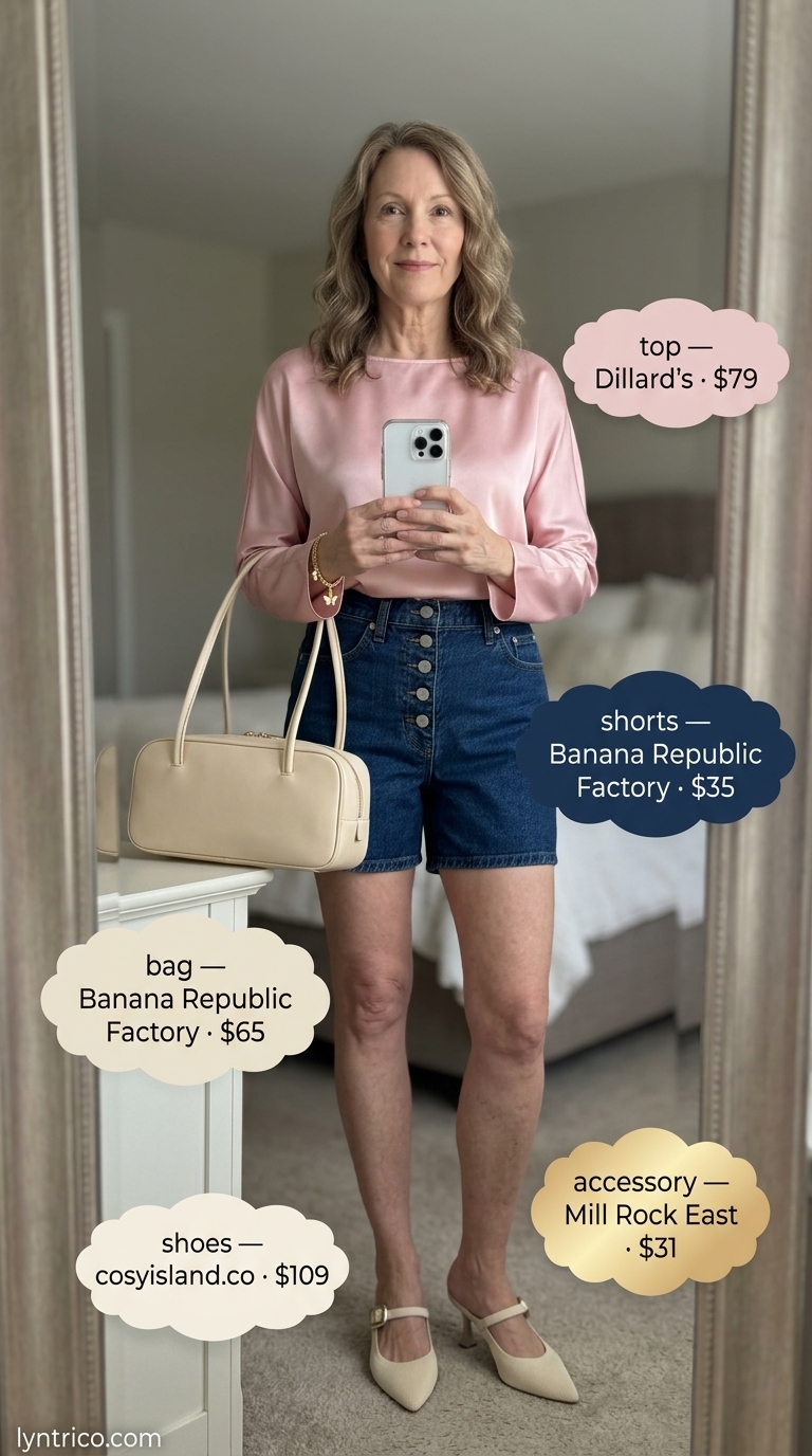 Chic breezy summer outfit for women over 60 2026: Denim shorts, blush pink silky blouse, block heels, and structured bag.