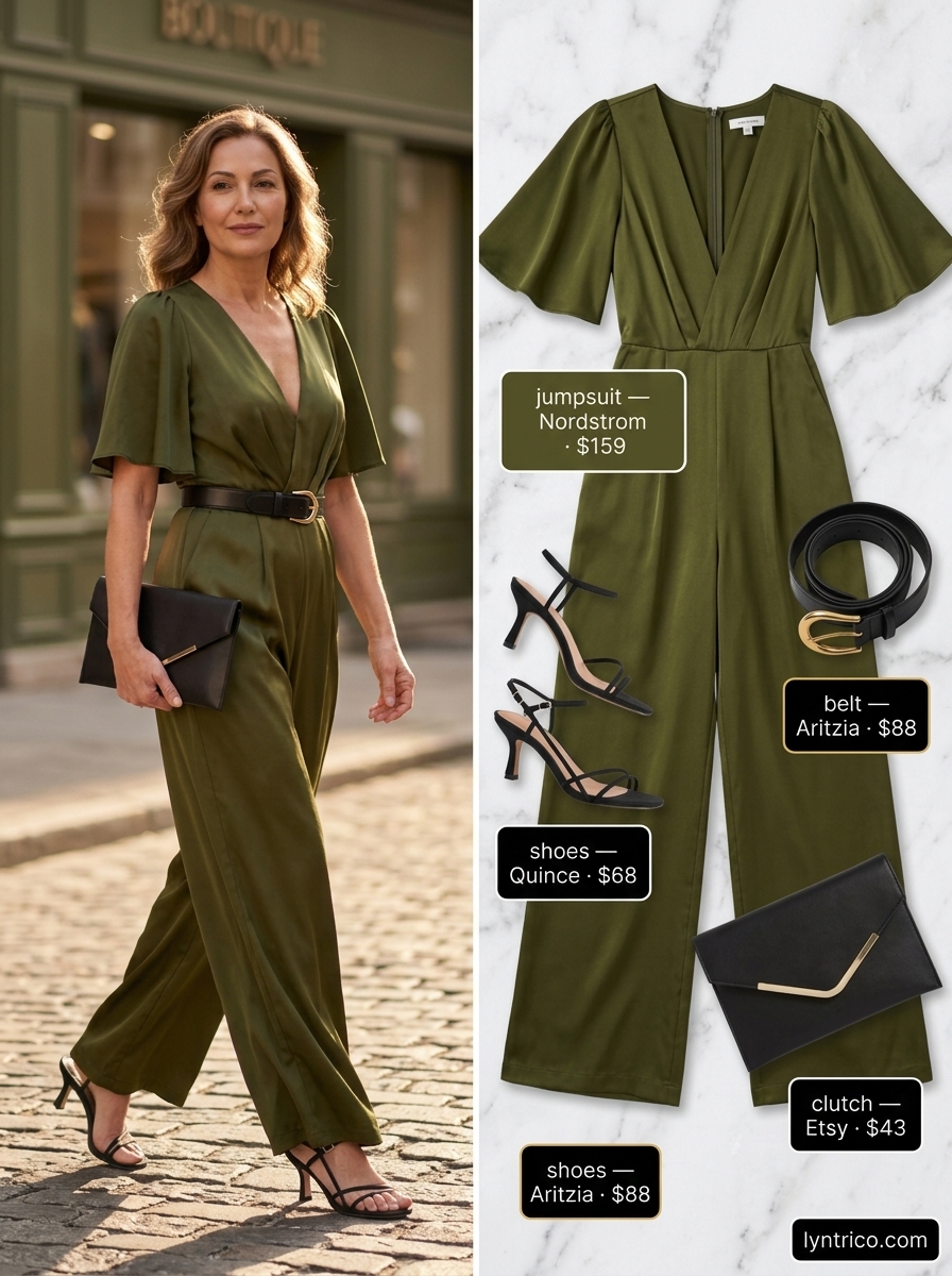 Sophisticated breezy summer outfit for women over 60 2026: Olive green wide-leg jumpsuit, black belt, and strappy heels for dinner.