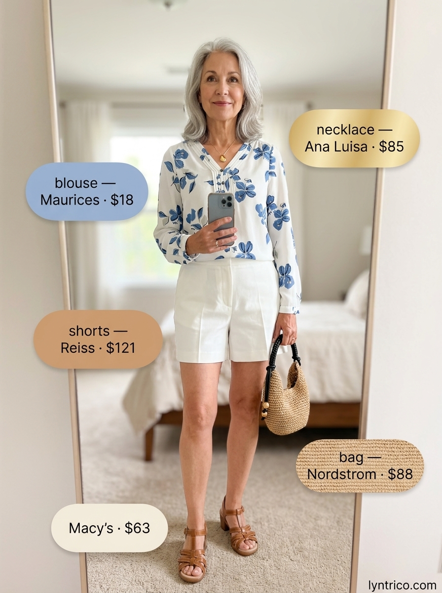 Chic breezy summer outfit for women over 60 2026: White linen shorts, floral blouse, and tan sandals for vacation.