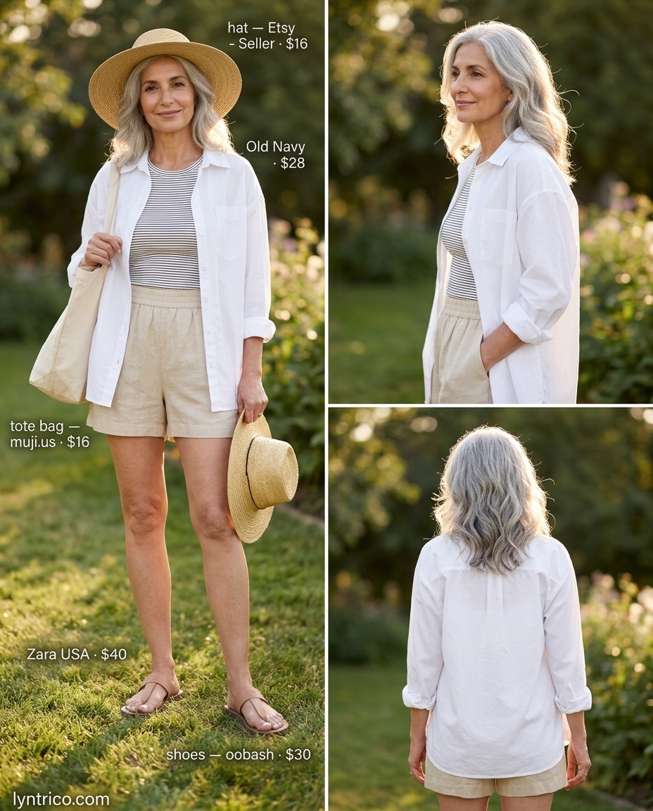Casual breezy summer outfit for women over 60 2026: Beige linen shorts, white oversized shirt, straw hat, and tote bag.