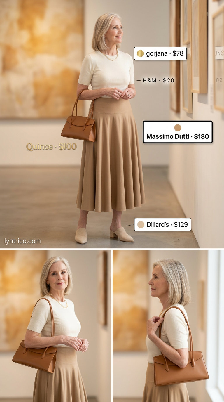 Breezy summer outfit for women over 60 2026: Camel midi skirt, cream knit top, gold necklace, and nude mules for a casual elegant lunch.