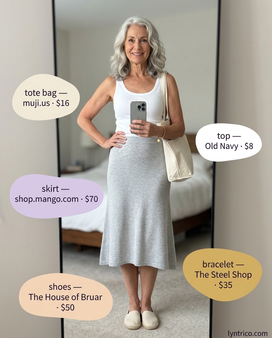 Relaxed breezy summer outfit for women over 60 2026: Grey midi skirt, white tank, espadrilles, and canvas tote for a casual day.