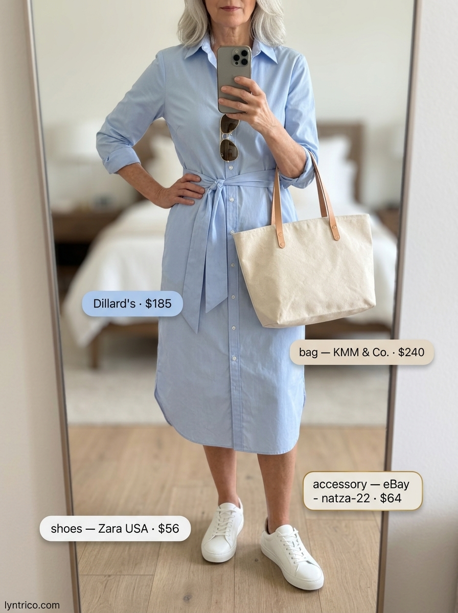 Effortless breezy summer outfit for women over 60 2026: Sky blue shirtdress, white sneakers, aviator sunglasses, and canvas tote.
