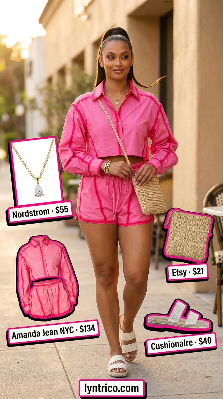 Blush pink linen set, cream espadrilles, and straw bag for summer brunch outfits women 2026. Feminine effortless style.