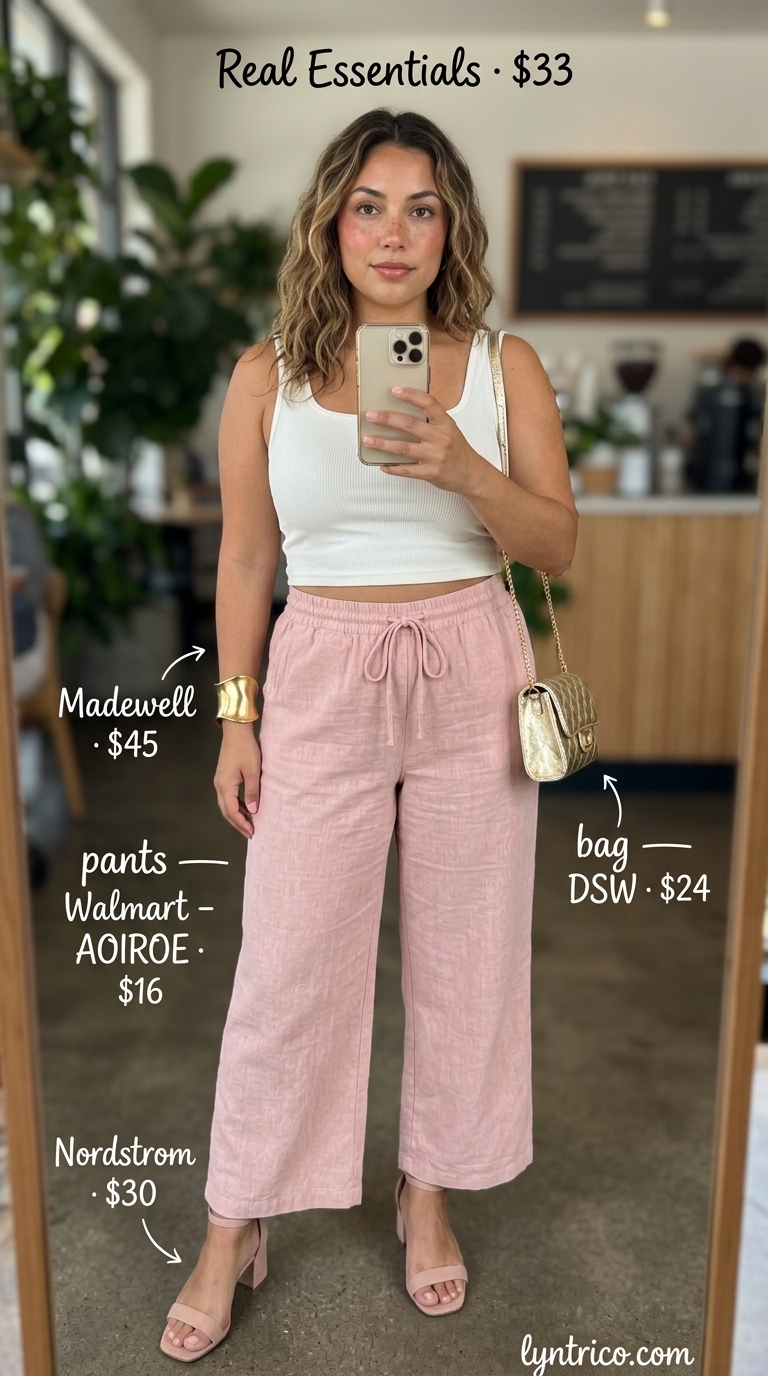 Blush pink palazzo pants, white crop top, and metallic sandals for summer brunch outfits women 2026. Modern chic style.