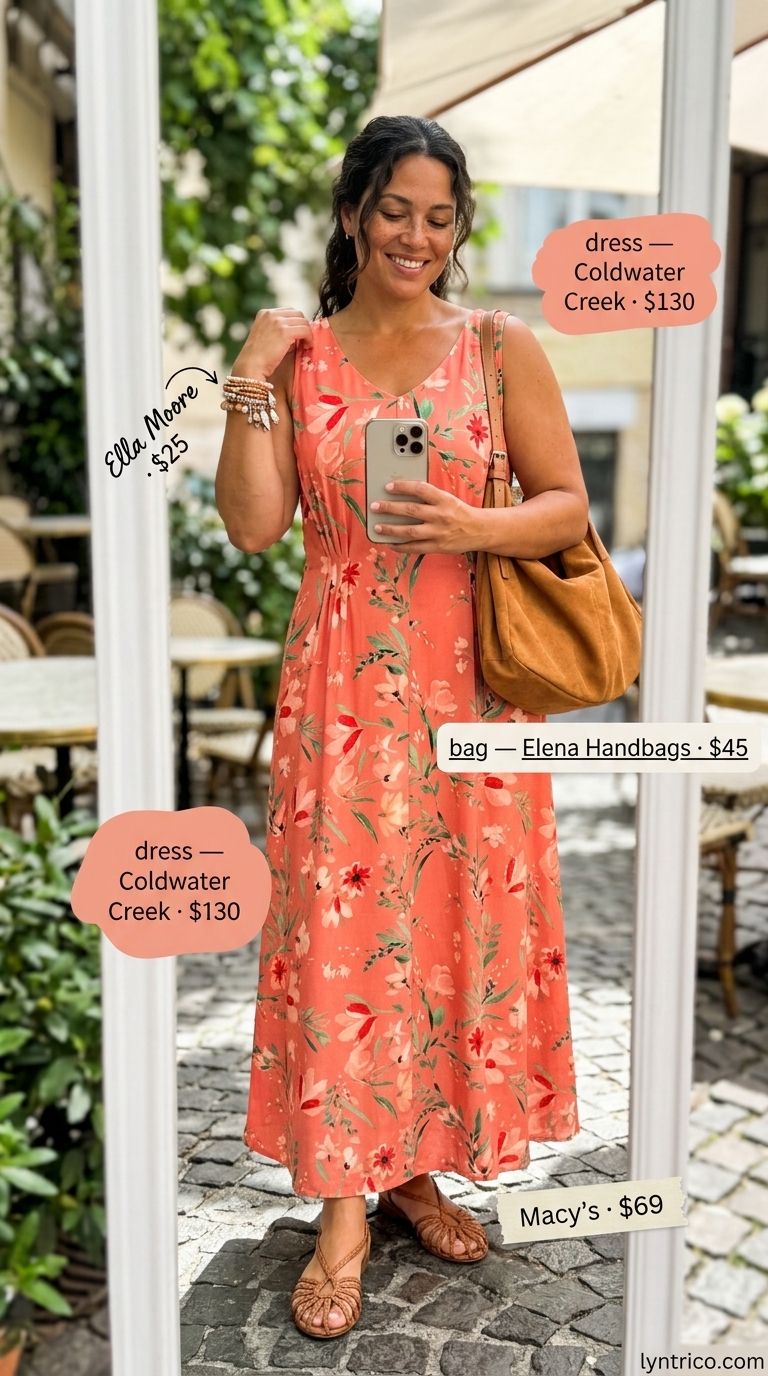 Brunch date outfits summer for women 2026: Boho coral maxi dress, suede crossbody, leather sandals, and layered bracelets.