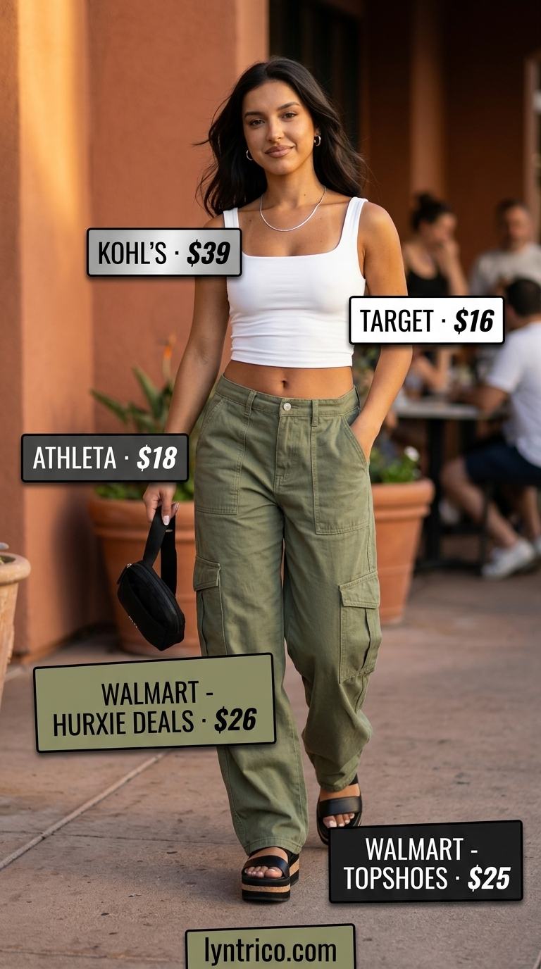 Brunch date outfits summer for women 2026: Trendy olive green cargo pants, cropped tank, platform sandals, and belt bag.