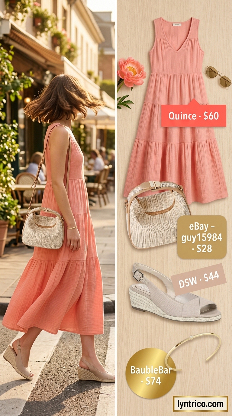 Coral maxi dress, nude espadrilles, and gold bracelet for summer brunch outfits women 2026. Elegant resort style.
