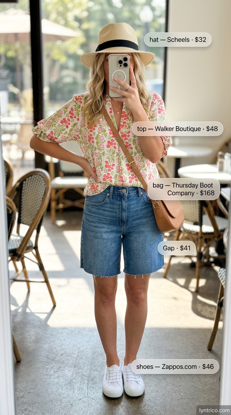 Denim shorts, floral blouse, and straw hat for summer brunch outfits women 2026. Casual weekend style.